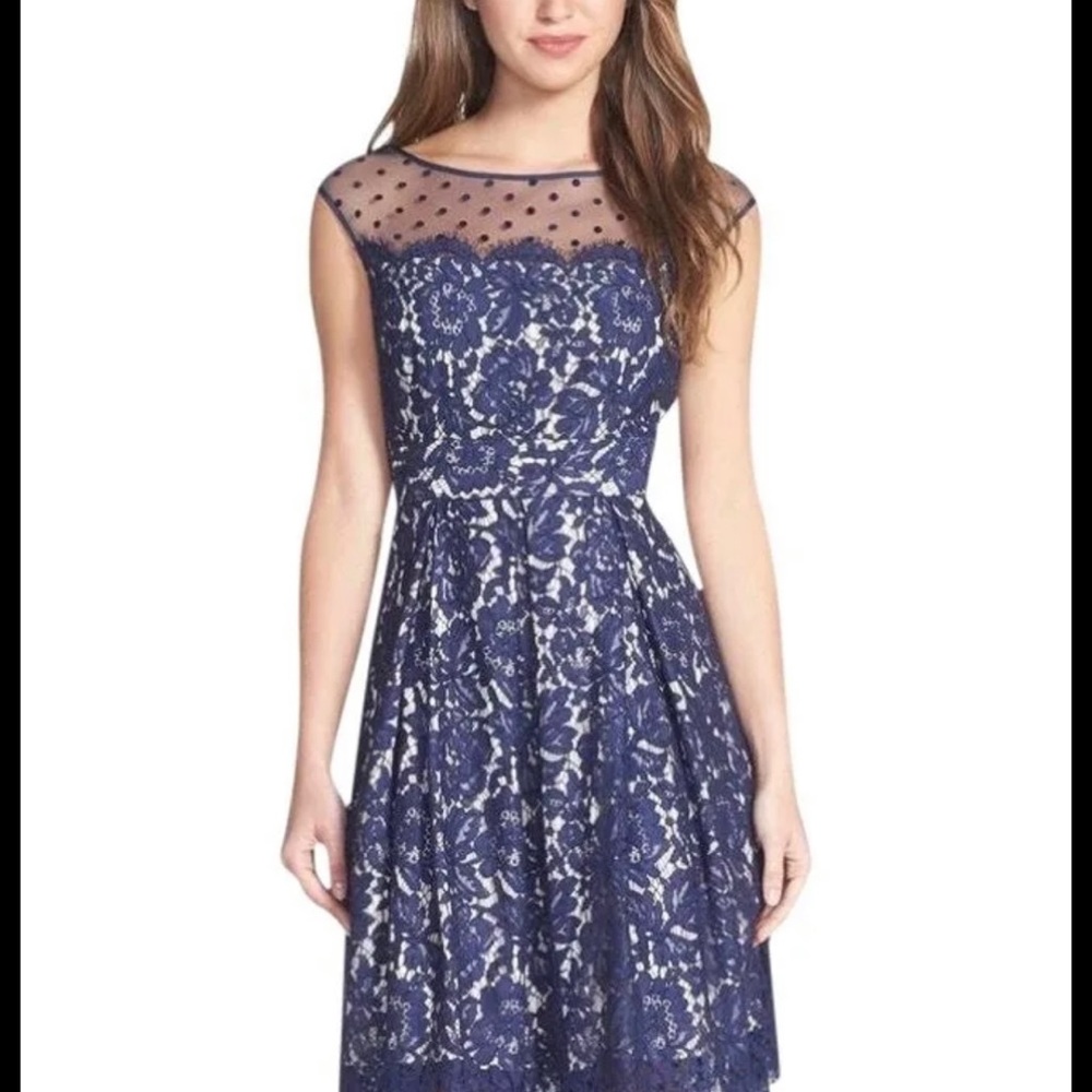 Eliza J Dresses Eliza J Navy Illusion Yoke Lace Fit Flare Dress Navy Blue